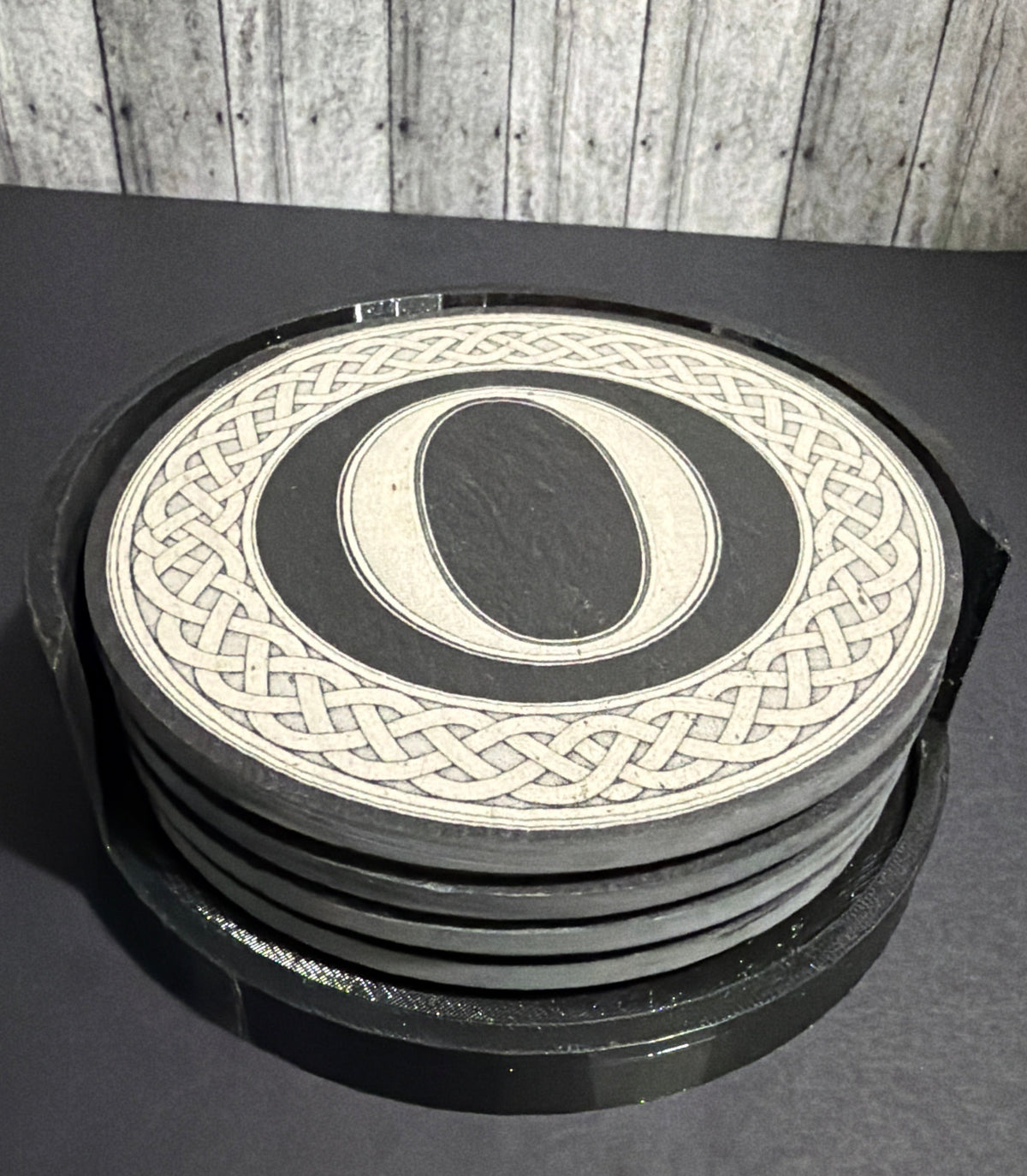 Custom Monogram Slate Coasters with Holder